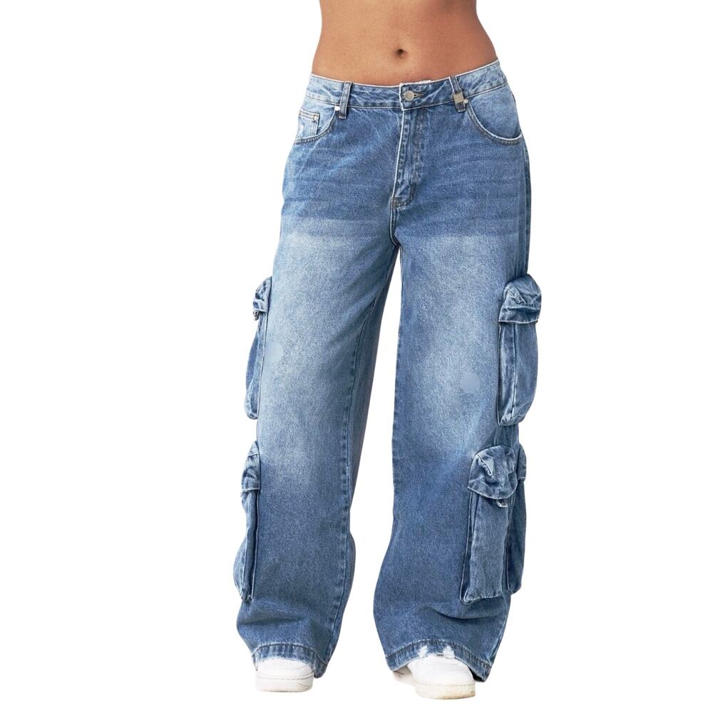 YOUNG LA Women’s Distressed Wide Leg Drift Cargo Jean